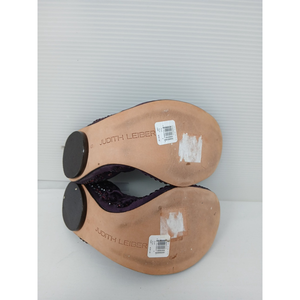 $395 JUDITH LEIBER Flats PLUM Satin Jeweled SWAROVSKI CRYSTALS SHOES Purple 5 - Picture 2 of 4